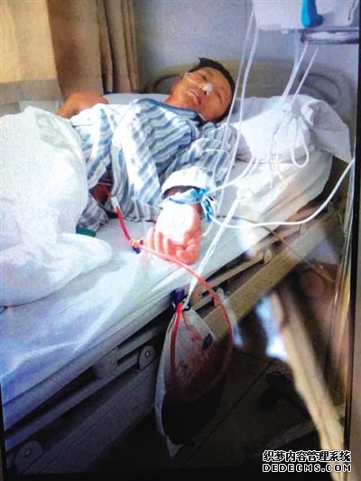 北京306醫(yī)院，于尚清躺在病床上，身上插滿管子，靠呼吸機、血泵等維持生命。家屬供圖