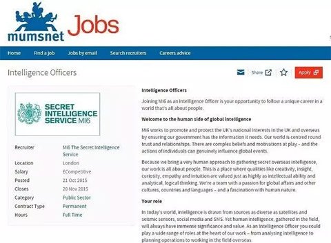英國(guó)軍情六處在“媽媽網(wǎng)”上發(fā)布招聘啟事。
